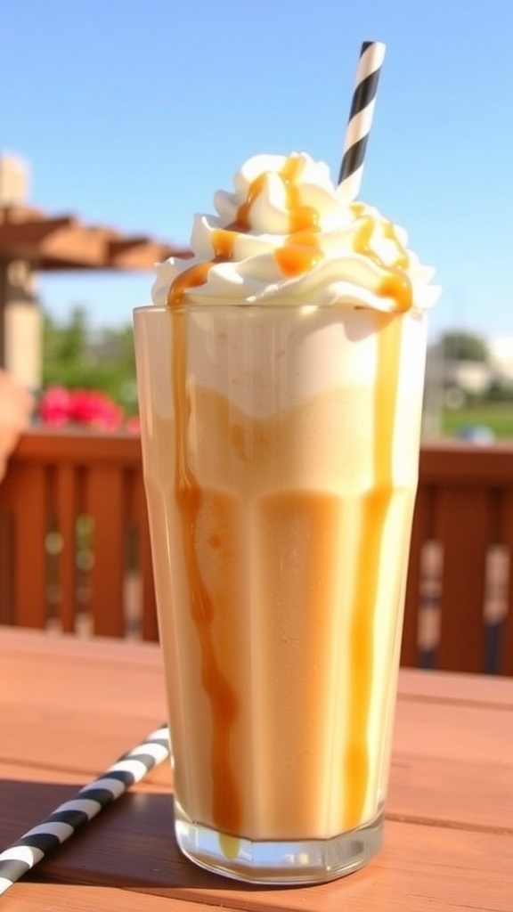 A creamy caramel frappe in a glass with whipped cream and caramel drizzle, set in a sunny outdoor environment.